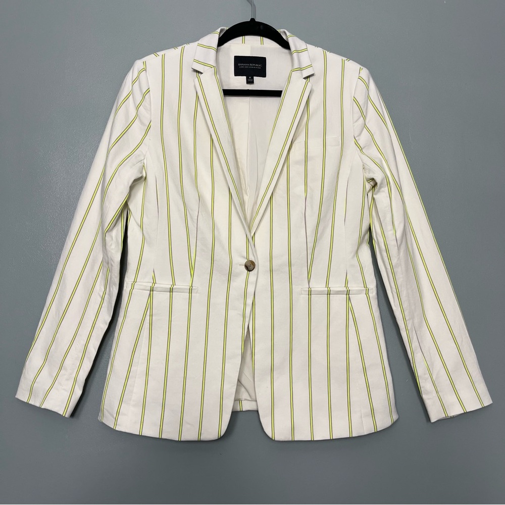Banana Republic Linen Striped Long And Lean Blazer Lime Sorbet Neon Women’s 8